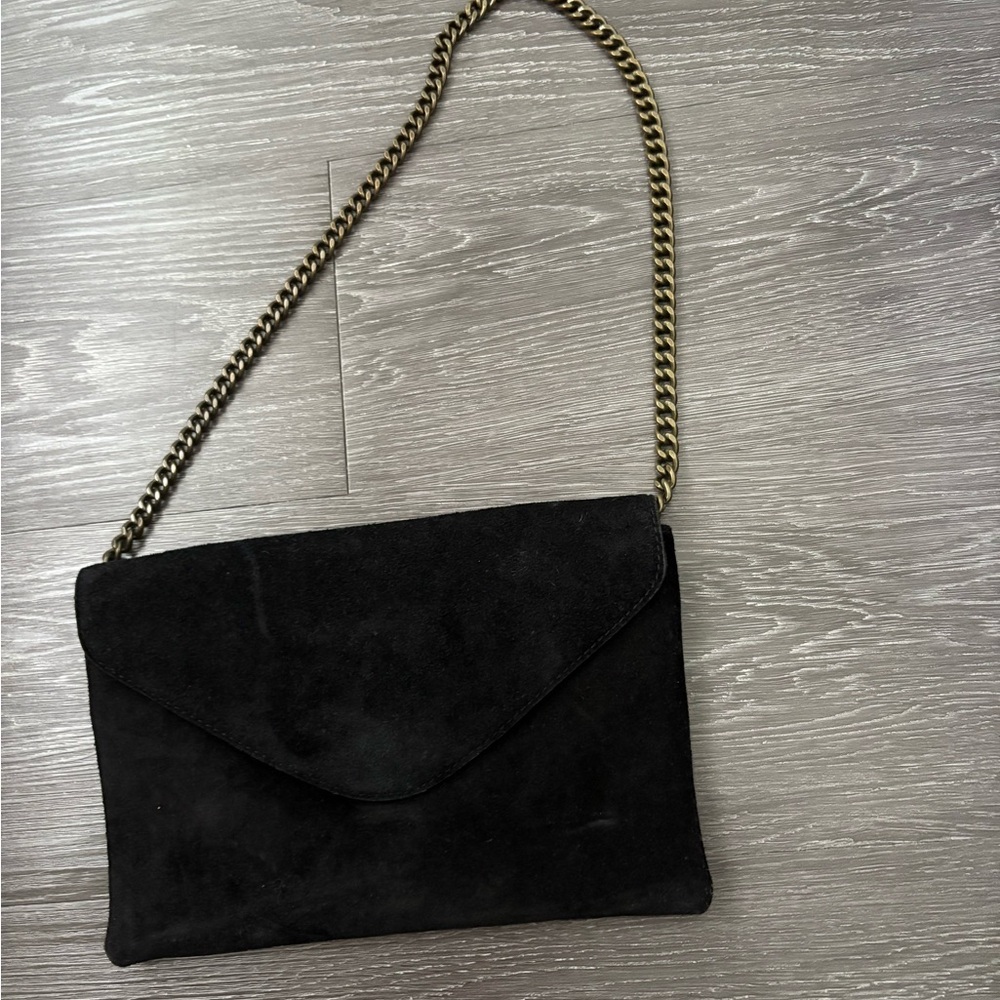 J. Crew Chic Black Suede Clutch with Gold Chain